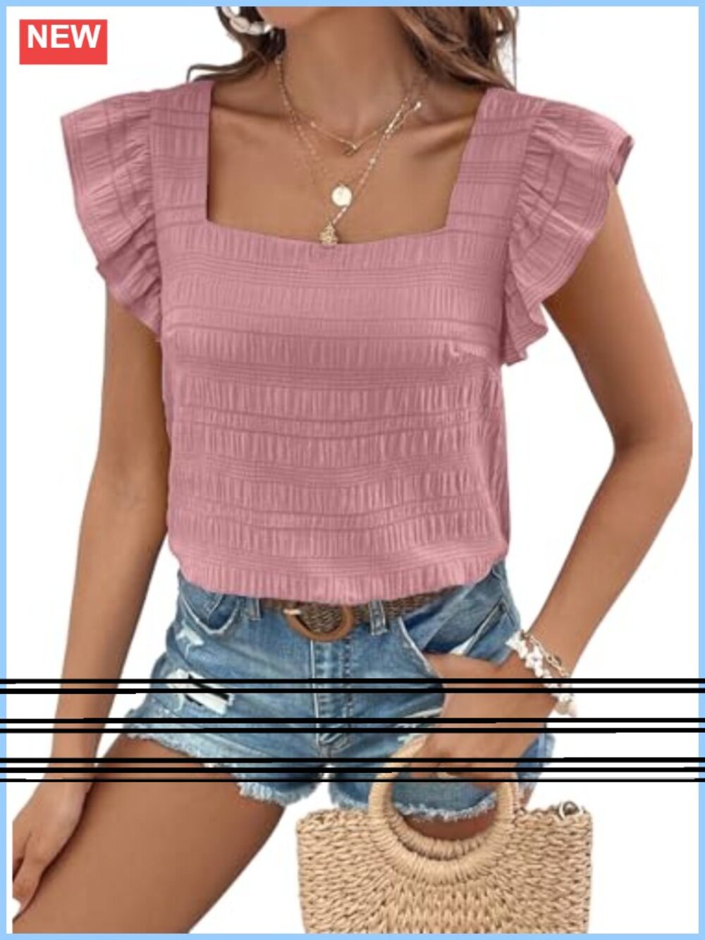 SHEWIN Womens Summer Square Neck Ruffle Chiffon Tank Top Blouse